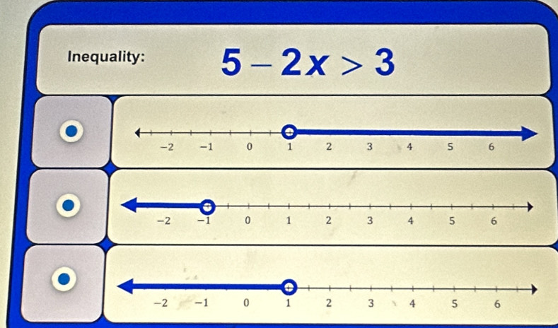 Inequality:
5-2x>3