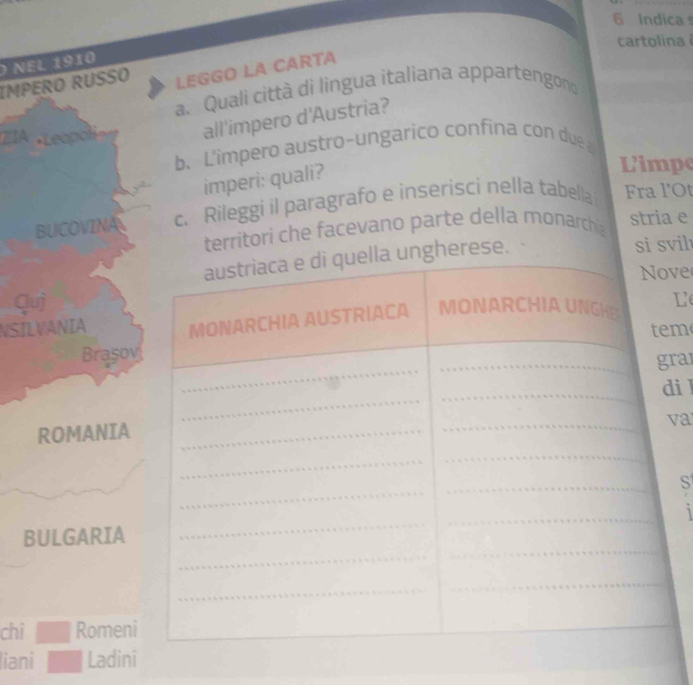 Indica 
cartolina 
O nel 1910 
IMPERO RUSSO LEGGO LA CARTA 
a. Quali città di lingua italiana appartengon 
ZIA « Leopoli 
all'impero d'Austria? 
b. L'impero austro-ungarico confina con due a 
imperi: quali? 
L'impe 
BUCOVINA c. Rileggi il paragrafo e inserisci nella tabella Fra lOt 
territori che facevano parte della monarchi a stria e 
si svilı 
ve 
qluj 
NSILVANIA 
m 
Brașo 
ra 
i l 
ROMANIA 
va 
S 
1 
BULGARIA 
chi Romen 
liani Ladin