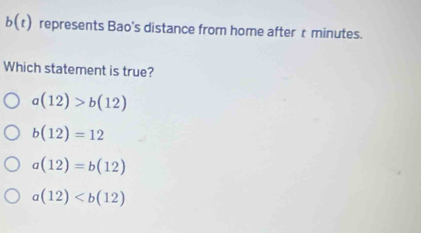 b(t) represents Bao's distance from home after t minutes.
Which statement is true?
a(12)>b(12)
b(12)=12
a(12)=b(12)
a(12)