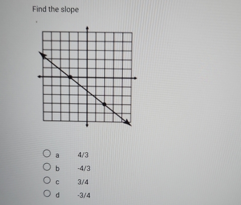 Find the slope
a 4/3
b -4/3
c 3/4
d -3/4