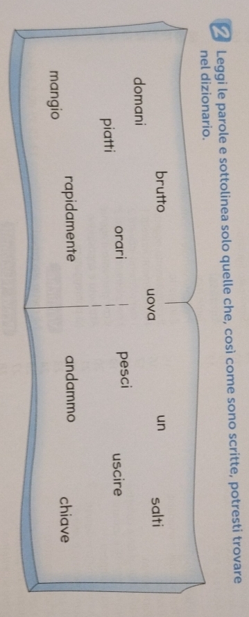 Leggi le parole e sottolinea solo quelle che, così come sono scritte, potresti trovare 
nel dizionario. 
brutto un salti 
uova 
domani 
piatti orari 
pesci uscire 
rapidamente andammo chiave 
mangio