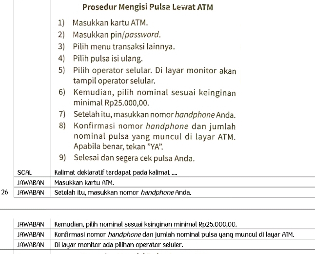 Prosedur Mengisi Pulsa Lewat ATM 
1) Masukkan kartu ATM. 
2) Masukkan pin/password. 
3) Pilih menu transaksi lainnya. 
4) Pilih pulsa isi ulang. 
5) Pilih operator selular. Di layar monitor akan 
tampil operator selular. 
6) Kemudian, pilih nominal sesuai keinginan 
minimal Rp25.000,00. 
7) Setelah itu, masukkan nomor handphone Anda. 
8) Konfirmasi nomor handphone dan jumlah 
nominal pulsa yang muncul di layar ATM. 
Apabila benar, tekan ''YA''. 
9) Selesai dan segera cek pulsa Anda. 
SOAL Kalimat deklaratif terdapat pada kalimat .... 
JAWABAN Masukkan kartu ATM. 
26 JAWABAN Setelah itu, masukkan nomor handphone Anda. 
JAWABAN Kemudian, pilih nominal sesuai keinginan minimal Rp25.000,00. 
JAWABAN Konfirmasi nomor handphone dan jumlah nominal pulsa yang muncul di layar ATM. 
JAWABAN Di layar monitor ada pilihan operator seluler.