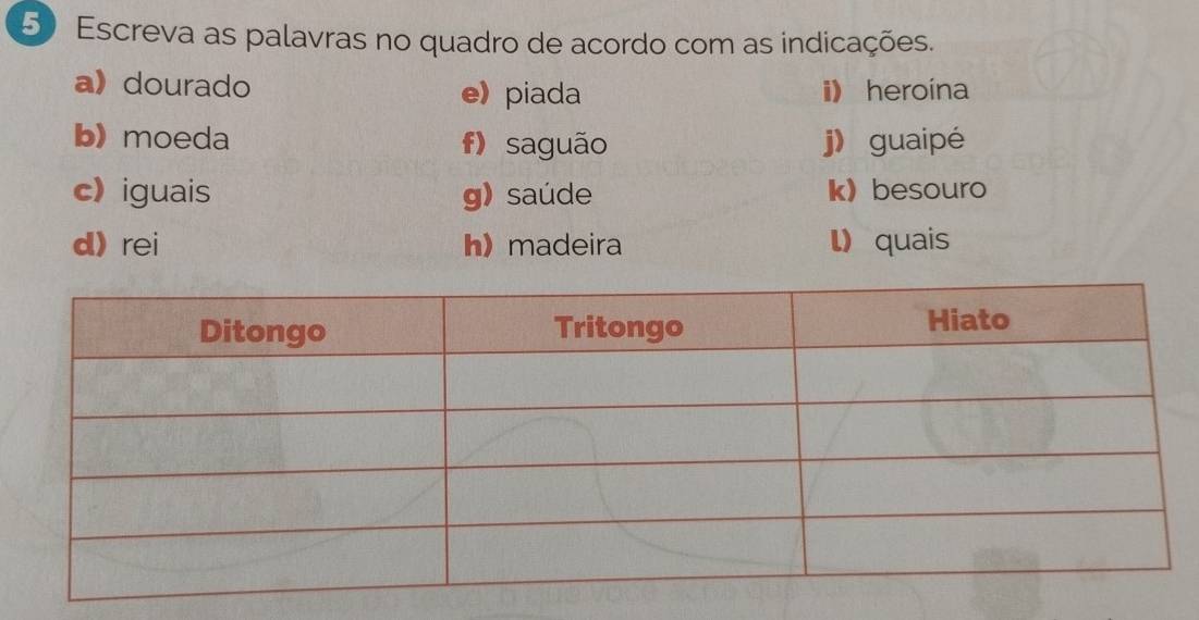 Escreva as palavras no quadro de acordo com as indicações. 
adourado e) piada i) heroína 
b) moeda f) saguão j) guaipé 
c) iguais g) saúde k) besouro 
d) rei h) madeira l quais