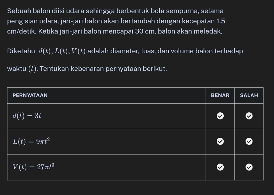 Sebuah balon diisi udara sehingga berbentuk bola sempurna, selama
pengisian udara, jari-jari balon akan bertambah dengan kecepatan 1,5
cm /detik. Ketika jari-jari balon mencapai 30 cm, balon akan meledak.
Diketahui d(t), L(t), V(t) adalah diameter, luas, dan volume balon terhadap
waktu (t). Tentukan kebenaran pernyataan berikut.
PERNYATAAN BENAR SALAH
d(t)=3t
L(t)=9π t^2
V(t)=27π t^3