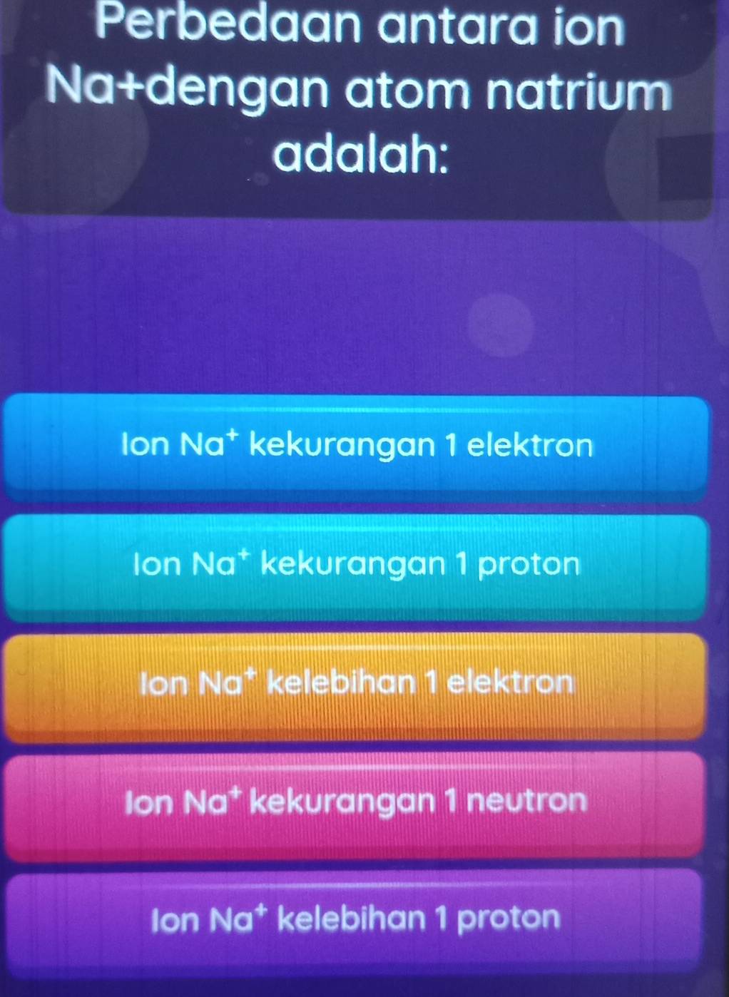 Perbedaan antara ion
Na+dengan atom natrium
adalah:
Ion Na* kekurangan 1 elektron
Ion Na* kekurangan 1 proton
Ion Na* kelebihan 1 elektron
Ion Na* kekurangan 1 neutron
Ion Na* kelebihan 1 proton