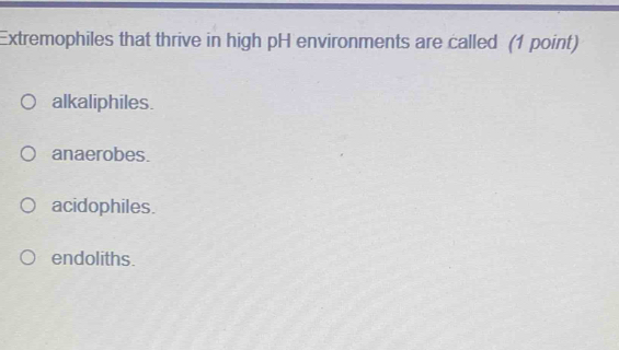 Extremophiles that thrive in high pH environments are called (1 point)
alkaliphiles.
anaerobes.
acidophiles.
endoliths.