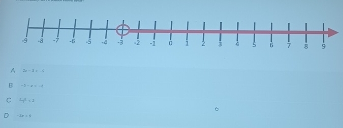 A 2x-3
B -5-x
C  (x-11)/-7 <2</tex>
D -3x>9