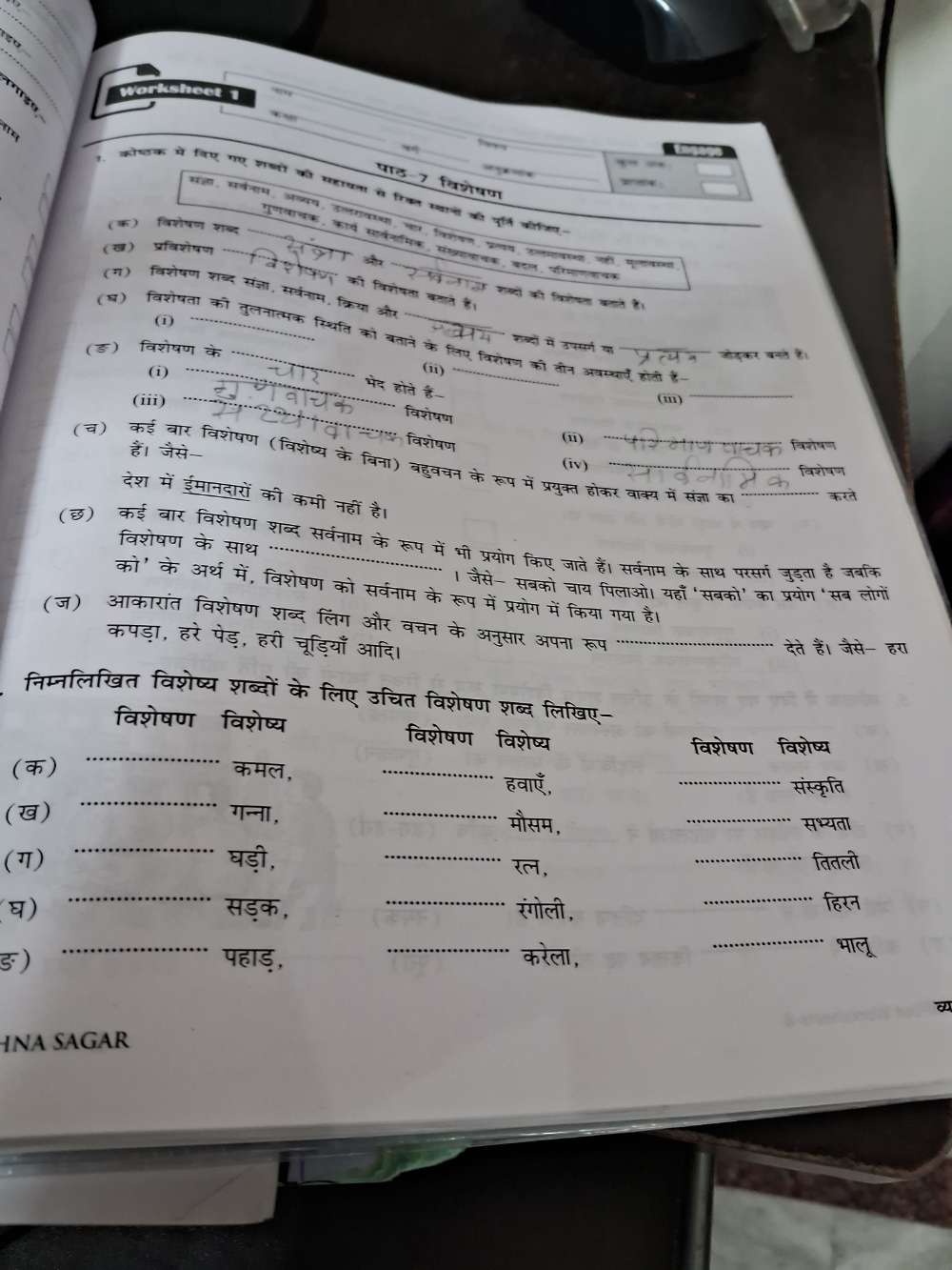 cet
_
_
   
_
 
पाठ-7 विशेषण
, कलक में विए गए शबों की सहायता से िल सथानी की पूर्ति कज_
(क) विशेषण शब्द
__णयायक, कार्य सवनफह, सखयनक,बटल परनणनय
(ख) प्रविशेषण_

शपपधत" की विशेषता बवाते हैं।
(ग) विशेषण शब्द संज्ञा, सर्वनाम, क्रिया और
रख्दों की किशेयता बताते हैं।
(1)
(ष) विशोषता को तुलनात्मक स्थिति को ब्ताने के लिए विशेषण की तीन अवम्थाए होती है-
शब्दों में उपसर्ग या
(ङ) विशेषण के_
जोदकर बनते हैं।
(ii)
(i) _(m)_
भेद होते हैं-
(iii)_
विशेषण
७ विशेषण
(i) विशोषण
हैं। जैसे
(च) कई बार विशेषण (विशेष्य के बिना) बहुवचन के रूप में प्रयुक्त होकर वाक्य में संज्ञा का_
(iv)
विशोषण
देश में ईमानदारों की कमी नहीं है।
विशेषण के साथ
(छ) कई बार विशेषण शब्द सर्वनाम के रूप में भी प्रयोग किए जाते हैं। सर्वनाम के साथ परसर्ग जुड़ता है जबकि
। जैसे- सबकों चाय पिलाओ। यहाँ 'सबको' का प्रयोग 'सब लोगों
को' के अर्थ में, विशेषण को सर्वनाम के रूप में प्रयोग में किया गया है।
(ज) आकारांत विशेषण शब्द लिंग और वचन के अनुसार अपना रूप_
कपड़ा, हरे पेड्, हरी चूड्ियाँ आदि।
देते हैं। जैसे- हरा
निम्नलिखित विशेष्य शब्दों के लिए उचित विशेषण शब्द लिखिए-
_
विशेषण विशेष्य विशेषण विशेष्य
विशेषण विशेष्य
_
(क) कमल, _हवाएँ,
_
संस्कृति
(ख) गन्ना ,_
मौसम, __सभ्यता
_
(ग) घड़ी, _रत , _तितली
घ) _सड़क, _रंगोली, _हिरन
3) _पहाड़, _करेला,
_
भालू
HNA SAGAR