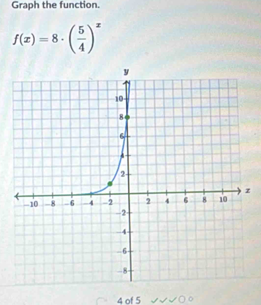 Graph the function.
f(x)=8· ( 5/4 )^x
4 of 5