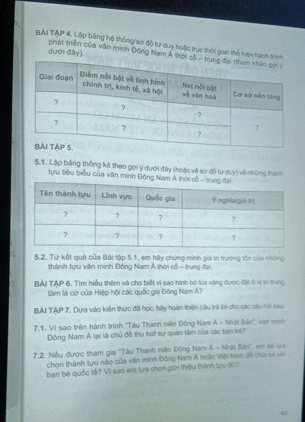 A 
BÀI TẠP 4. Lập bảng hệ thống/sơ đồ tư duy hoặc trục thời gian thể hiện hàn 
dưới đây). 
phát triển của văn mính Đông Nam Á t 
5.1. Lập bảng thống kê theo gợi ý dưới đây (hoặc vẽ sơ đồ tư duy) về những thành 
tựu tiêu biểu của văn minh Đôn 
G 5.2. Từ kết quả của Bài tập 5.1, em hãy chứng minh giá trị trường tồn của những 
thành tựu văn minh Đông Nam Á thời cổ - trung đại. 
G BÀI TẠP 6. Tìm hiểu thêm và cho biết vì sao hình bó lúa vàng được đặt ở vị trí trung 
tâm lá cờ của Hiệp hội các quốc gia Đông Nam Á? 
BÀI TẠP 7. Dựa vào kiến thức đã học, hãy hoàn thiện câu trả lời cho các câu hỏi sau. 
7.1. Vì sao trên hành trình "Tàu Thanh niên Đông Nam Á - Nhật Bản", văn minh 
Đông Nam Á lại là chủ đề thu hút sự quan tâm của các bạn trẻ? 
7.2. Nếu được tham gia “Tàu Thanh niên Đông Nam Á - Nhật Bản", em sẽ lựa 
chọn thành tựu nào của văn minh Đông Nam Á hoặc Việt Nam để chia sẻ với 
bạn bè quốc tế? Vì sao em lựa chọn giới thiệu thành tựu đó? 
43
