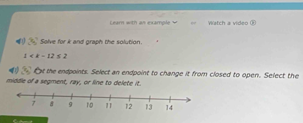 Learn with an example Watch a video 
Solve for k and graph the solution.
1
at the endpoints. Select an endpoint to change it from closed to open. Select the 
middle of a segment, ray, or line to delete it.