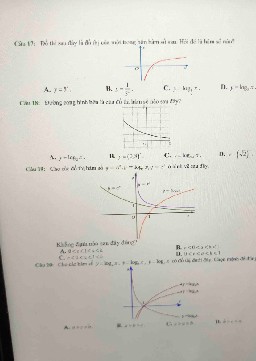 Đồ thị sau đây là đồ thị của một trong bốn hàm số sau. Hỏi đó là hàm số nào?
A. y=5^x. B. y= 1/5^4 . C. y=log _ 1/5 x. D. y=log _5x.
Câu 18: Đường cong hình bên là của đồ thi hàm số nào sau đây?
A. y=log _2x. B. y=(0,8)^r. C. y=log _0.4x. D. y=(sqrt(2))^x.
Câu 19: Cho các đồ thị hàm số y=a^z,y=log _ 1/2 x,y=x^e ở hình Vvector e sau đây.
Khẳng định nào sau đây đúng?
A. 0
B. c<0<a
C. c<0<a<1<b
D. D
Câu 20: Cho các hàm số y=log _ax,y=log _bx,y=log x có đồ thị dưới đây. Chọn mệnh đề đúng
A. a>c>b B. a≥ b>c, C. c>a>b. D. b≥slant c>u