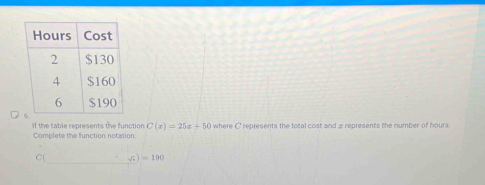 If the table represents the function C(x)=25x+50 where C represents the total cost and x represents the number of hours. 
Complete the function notation:
C(
sqrt(x))=190