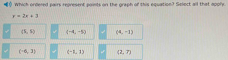 Which ordered pairs represent points on the graph of this equation? Select all that apply.
y=2x+3
(5,5)
(-4,-5)
(4,-1)
(-6,3)
(-1,1)
(2,7)