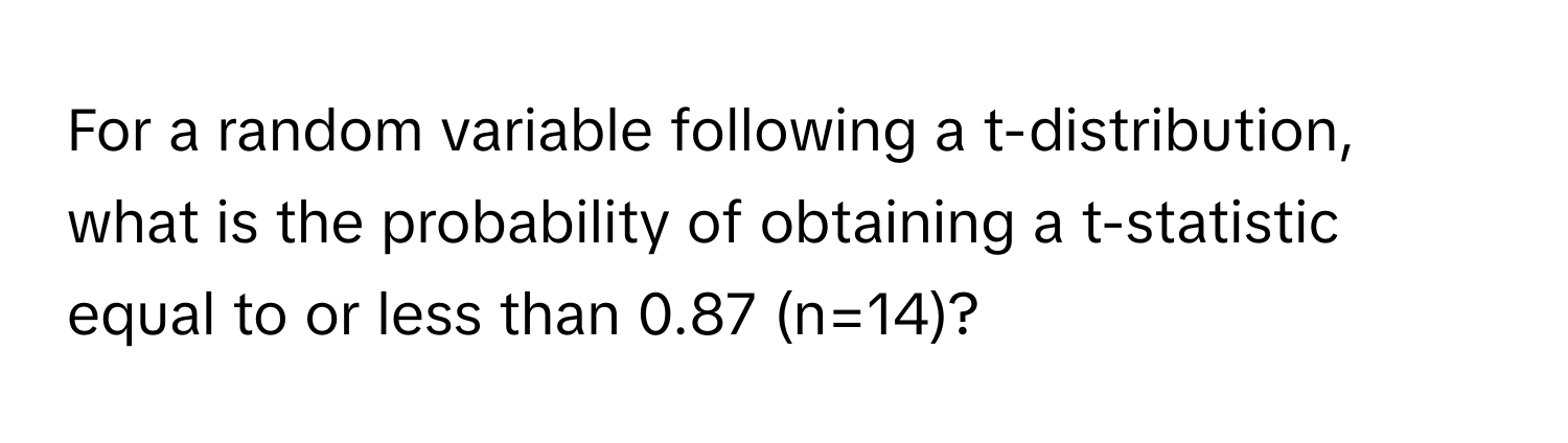 For a random variable following a t-distribution, what is the probability of obtaining a t-statistic equal to or less than 0.87 (n=14)?