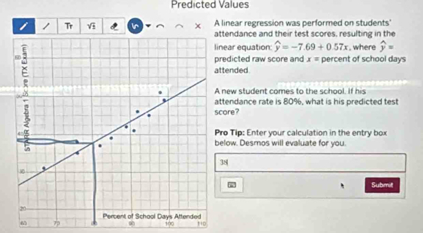 Predicted Values 
i Tr V × A linear regression was performed on students' 
attendance and their test scores, resulting in the 
a 8
linear equation: widehat y=-7.69+0.57x , where widehat y=
predicted raw score and x= percent of school days
attended 
A new student comes to the school. If his 
attendance rate is 80%, what is his predicted test 
score? 
. Pro Tip: Enter your calculation in the entry box 
. 
below. Desmos will evaluate for you.
38
30
Submit
20
Percent of School Days Attended 
6 7p 80 90 100 110