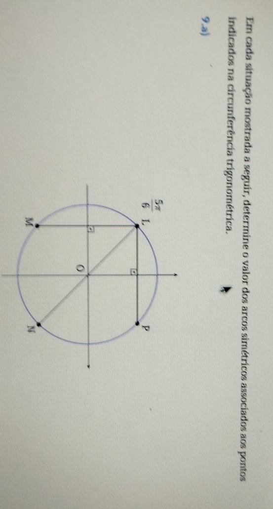 Em cada situação mostrada a seguir, determine o valor dos arcos simétricos associados aos pontos
indicados na circunferência trigonométrica.
9.a)