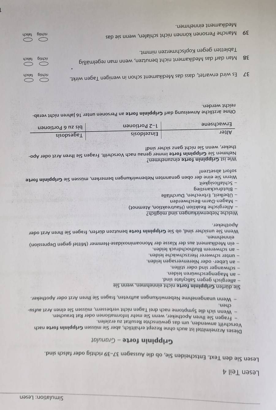 Simulation: Lesen
Lesen Teil 4
Lesen Sie den Text. Entscheiden Sie, ob die Aussagen 37-39 richtig oder falsch sind.
Grippinin forte - Granulat
Dieses Arzneimittel ist auch ohne Rezept erhältlich, aber Sie müssen Grippinin forte nach
Vorschrift anwenden, um das gewünschte Resultat zu erzielen.
- Fragen Sie Ihren Apotheker, wenn Sie mehr Informationen oder Rat brauchen.
- Wenn sich die Symptome nach drei Tagen nicht verbessern, müssen Sie einen Arzt aufsu-
chen.
- Wenn unangenehme Nebenwirkungen auftreten, fragen Sie Ihren Arzt oder Apotheker.
Sie dürfen Grippinin forte nicht einnehmen, wenn Sie
- allergisch gegen Salicylate sind.
- an Magengeschwüren leiden.
- schwanger sind oder stillen.
- an Leber- oder Nierenversagen leiden.
- unter schwerer Herzschwäche leiden.
- an schwerem Bluthochdruck leiden.
- ein Medikament aus der Klasse der Monoaminoxidase-Hemmer (Mittel gegen Depression)
einnehmen.
Wenn Sie unsicher sind, ob Sie Grippinin forte benutzen dürfen, fragen Sie Ihren Arzt oder
Apotheker.
Welche Nebenwirkungen sind möglich?
- Allergische Reaktion (Hautreaktion, Atemnot)
- Magen-Darm-Beschwerden
- Übelkeit, Erbrechen, Durchfälle
- Blutdruckanstieg
- Schlaflosigkeit
Wenn Sie eine der oben genannten Nebenwirkungen bemerken, müssen Sie Grippinin forte
sofort absetzen!
Wie ist Grippinin forte einzunehmen?
Nehmen Sie Grippinin forte immer genau nach Vorschrift. Fragen Sie Ihren Arzt oder Apo-
theker, wenn Sie nicht ganz sicher sind!
Ohne ärztliche Anweisung darf Grippinin forte an Personen unter 16 Jahren nicht verab-
reicht werden.
37 Es wird erwartet, dass das Medikament schon in wenigen Tagen wirkt. richtig falsch
38 Man darf das Medikament nicht benutzen, wenn man regelmäßig richtig falsch
Tabletten gegen Kopfschmerzen nimmt.
39 Manche Personen können nicht schlafen, wenn sie das
richtig falsch
Medikament einnehmen.