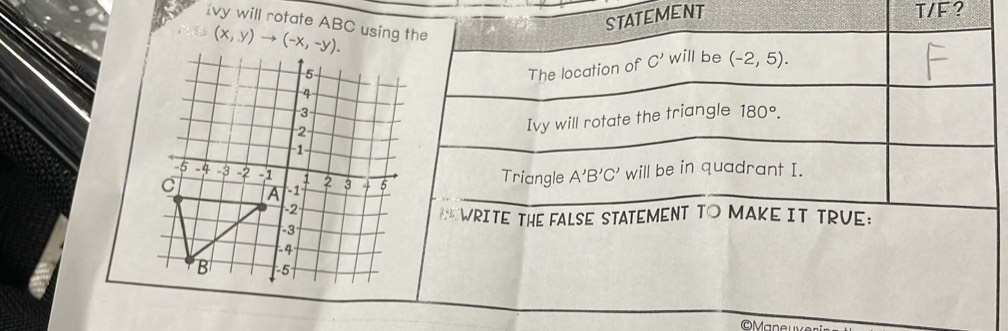 STATEMENT 
T/F? 
ivy will rotate ABC using the
(x,y) (-x,-y). 
The location of C' vill be (-2,5). 
Ivy will rotate the triangle 180°. 
Triangle A'B'C' will be in quadrant I. 
WRITE THE FALSE STATEMENT TO MAKE IT TRVE: