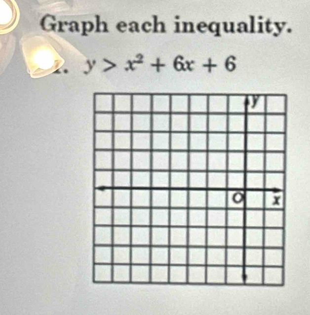 Graph each inequality.
y>x^2+6x+6