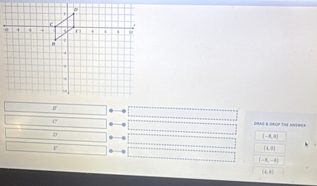 C'
DRAG & DROP THE ANSWER
D'
(-8,0)
E°
(4,0)
(-8,-8)
(4,8)