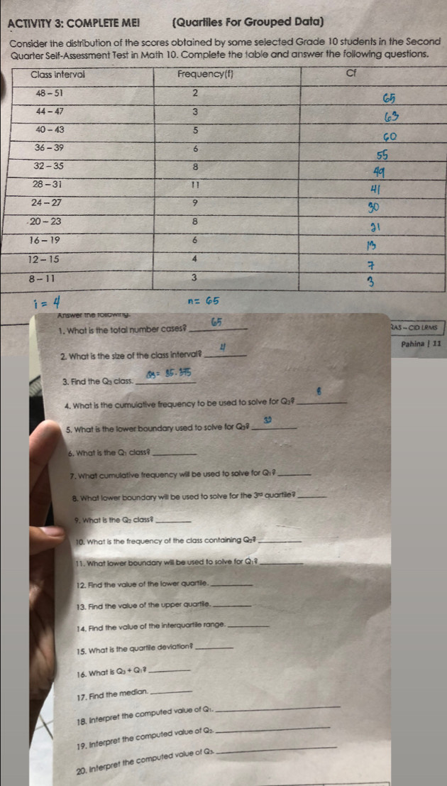 Solved: ACTIVITY 3: COMPLETE ME! (Quartiles For Grouped Data) Consider ...