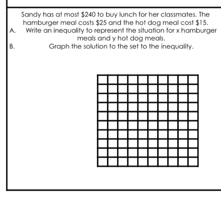 Sandy has at most $240 to buy lunch for her classmates. The 
hamburger meal costs $25 and the hot dog meal cost $15. 
A. Write an inequality to represent the situation for x hamburger 
meals and y hot dog meals. 
B. Graph the solution to the set to the inequality.