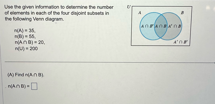 Use the given information to determine the number U
of elements in each of the four disjoint subsets in 
the following Venn diagram.
n(A)=35,
n(B)=55,
n(A∩ B)=20,
n(U)=200
(A) Find n(A∩ B).
n(A∩ B)=□