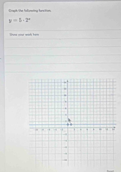 Graph the following function.
y=5· 2^x
Show your work here 
Reset