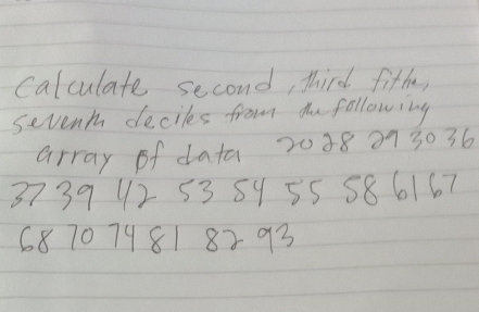 Calculate second, third fifh, 
Sevent deciles from ao following 
array of data 2088 013036
3739 42 53 89 55 58 6167
68707981 82 93