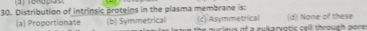 (3) Tonoplast
30. Distribution of intrinsic proteins in the plasma membrane is:
(a) Proportionate (b) Symmetrical (c) Asymmetrical (d) None of these
ove the pucleus of a eukapyotic cell through pore .