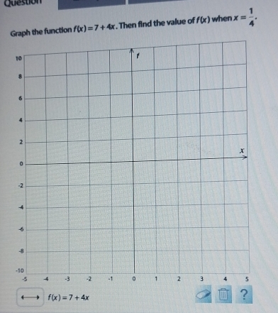 Question 
Graph the function f(x)=7+4x. Then find the value of f(x) when x= 1/4 .
f(x)=7+4x
?