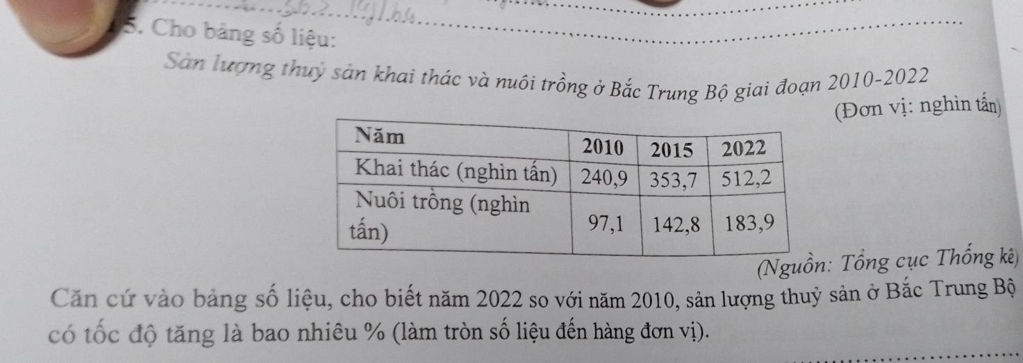 Cho bảng số liệu: 
Sản lượng thuy sản khai thác và nuôi trồng ở Bắc Trung Bộ giai đoạn 2010-2022 
(Đơn vị: nghìn tấn) 
(N: Tổng cục Thống kê) 
Căn cứ vào bảng số liệu, cho biết năm 2022 so với năm 2010, sản lượng thuỷ sản ở Bắc Trung Bộ 
có tốc độ tăng là bao nhiêu % (làm tròn số liệu đến hàng đơn vị).