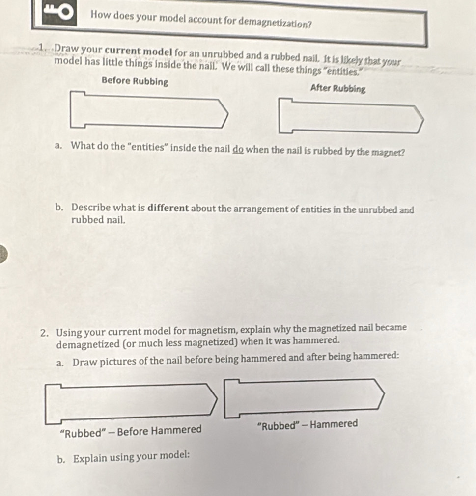 How does your model account for demagnetization? 
Draw your current model for an unrubbed and a rubbed nail. It is likely that your 
model has little things inside the nail. We will call these things “entities.” 
Before Rubbing After Rubbing 
a. What do the “entities” inside the nail do when the nail is rubbed by the magnet? 
b. Describe what is different about the arrangement of entities in the unrubbed and 
rubbed nail. 
2. Using your current model for magnetism, explain why the magnetized nail became 
demagnetized (or much less magnetized) when it was hammered. 
a. Draw pictures of the nail before being hammered and after being hammered: 
“Rubbed” — Before Hammered “Rubbed” — Hammered 
b. Explain using your model: