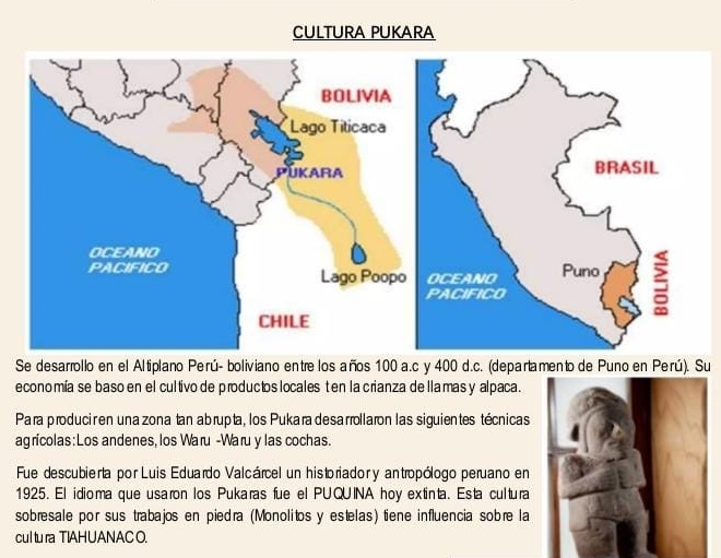 CULTURA PUKARA 
Se desarrollo en el Altiplano Perú- boliviano entrelos años 100 a.c y 400 d.c. (departamento de Puno en Perú). Su 
economía se baso en el cultivo de productos locales t en la crianza de lla mas y alpaca. 
Para producin en una zona tan abrupta, los Pukara desarrollaron las siguientes técnicas 
agricolas:Los andenes, los Waru -Waru y las cochas. 
Fue descubierta por Luis Eduardo Valcárcel un historiador y antropólogo peruano en 
1925. El idioma que usaron los Pukaras fue el PUQUINA hoy extinta. Esta cultura 
sobresale por sus trabajos en piedra (Monolitos y estelas) tiene influencia sobre la 
cul tura TIAHUANAC O.