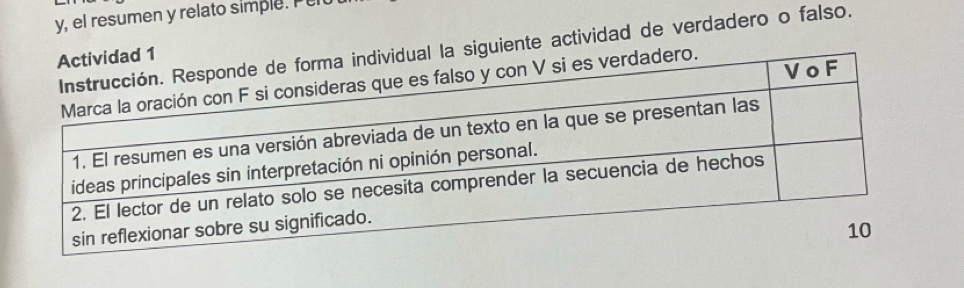 y, el resumen y relato simple. P 
iente actividad de verdadero o falso.