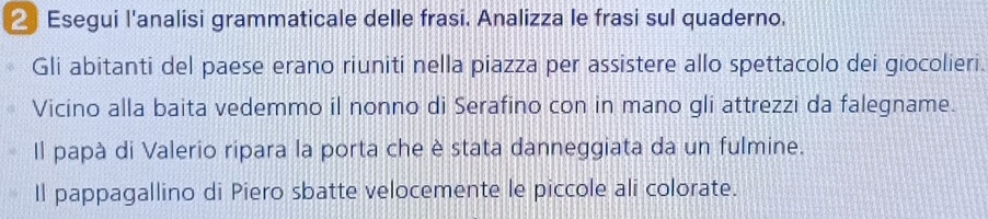 Esegui l'analisi grammaticale delle frasi. Analizza le frasi sul quaderno. 
Gli abitanti del paese erano riuniti nella piazza per assistere allo spettacolo dei giocolieri. 
Vicino alla baita vedemmo il nonno di Serafino con in mano gli attrezzi da falegname. 
Il papà di Valerio ripara la porta che è stata danneggiata da un fulmine. 
Il pappagallino di Piero sbatte velocemente le piccole ali colorate.