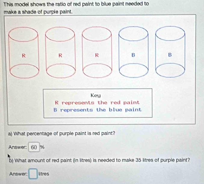 This model shows the ratio of red paint to blue paint needed to
make a shade of purple paint.

Key
R represents the red paint
B represents the blue paint
a) What percentage of purple paint is red paint?
Answer: : 60 %
b) What amount of red paint (in litres) is needed to make 35 litres of purple paint?
Answer: □ litres