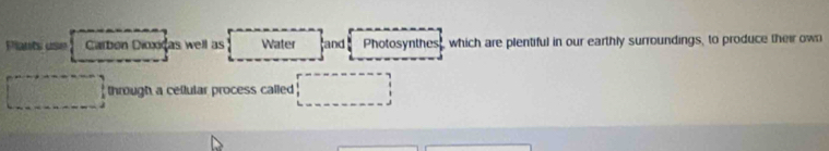 Plants use Carbon Dioxidas well as Water and Photosynthes, which are plentiful in our earthly surroundings, to produce their own 
through a cellular process called