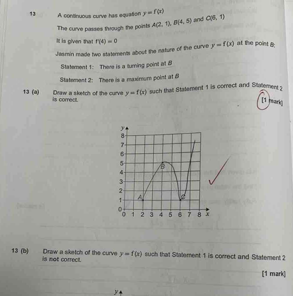 A continuous curve has equation y=f(x)
The curve passes through the points A(2,1), B(4,5) and C(6,1)
It is given that f'(4)=0
Jasmin made two statements about the nature of the curve y=f(x) at the point B; 
Statement 1: There is a turning point at B
Statement 2: There is a maximum point at B
13 (a) Draw a sketch of the curve y=f(x) such that Statement 1 is correct and Statement 2
is correct. 
[1 mark] 
13 (b) Draw a sketch of the curve y=f(x) such that Statement 1 is correct and Statement 2
is not correct. 
[1 mark]