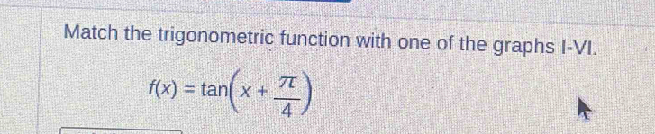 Match the trigonometric function with one of the graphs I-VI.
f(x)=tan (x+ π /4 )