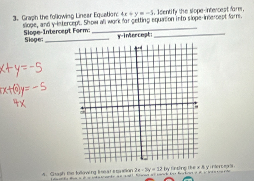 Graph the following Linear Equation: 4x+y=-5. Identify the slope-intercept form,
_
slope, and y-intercept. Show all work for getting equation into slope-intercept form.
Slope-Intercept Form:
Slope: _y-intercept:
_
4. Graph the following linear equation 2x-3y=12 by finding the x & y intercepts.
dent ty the yP w infer ante ae wall Show all wark for fin ing v R w in t