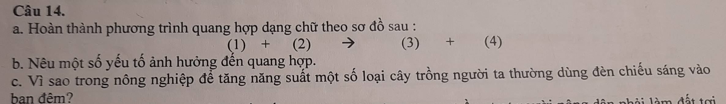 Hoàn thành phương trình quang hợp dạng chữ theo sơ đồ sau : 
(1) + (2) (3) + (4) 
b. Nêu một số yếu tố ảnh hưởng đến quang hợp. 
c. Vì sao trong nông nghiệp để tăng năng suất một số loại cây trồng người ta thường dùng đèn chiếu sáng vào 
ban đêm?