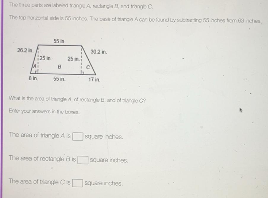 Resuelto:The three parts are labeled triangle A, rectangle B, and ...