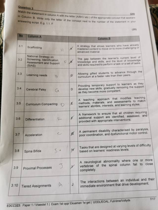 [20] 
Match the statement in column A with the letter (A/B/C/ etc.) of the appropriate concept that appears 
in Column B. Write only the letter of the concept next to the number of the statement in your 
answering script. E.g. 1.1. F 
, 
ty 
ore 
ose 
their 
. 
EDCC323: Paper 1 / Vraestel 1 | Exam 1st opp/ Eksamen 1e gel | UODL/EOAL, Fuil-time/Voltyds7/17