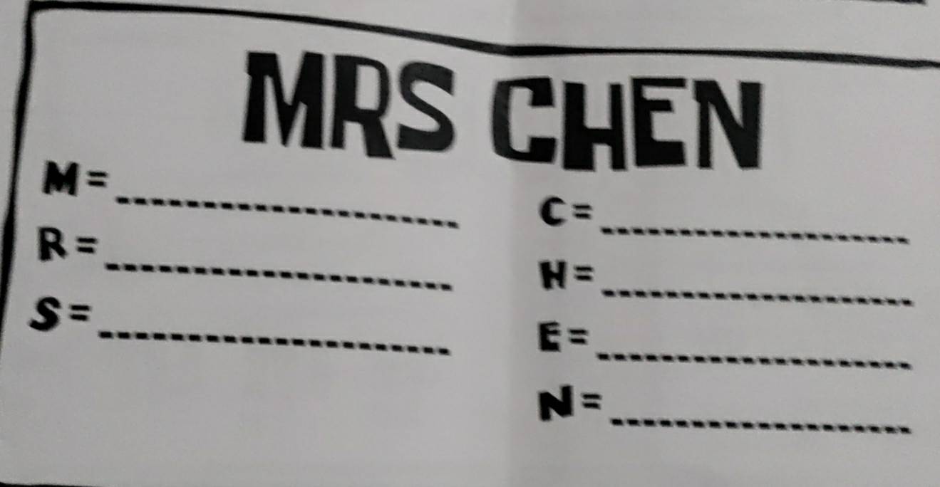 MRS CHEN
M= _
c= _
R= _ 
_ N=
S= _
E= _
N= _