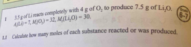 1 3. 5 g of Li reacts completely with 4 g of O_2 to produce 7.5 g of Li_2O. Crats
A_1(Li)=7, M_1(O_2)=32, M_1(Li_2O)=30. 
6-7 
1.1 Calculate how many moles of each substance reacted or was produced.