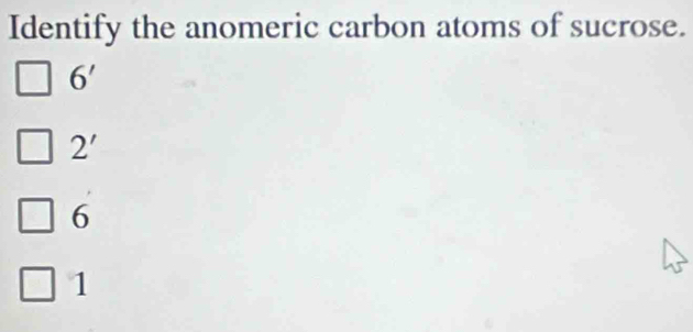 Identify the anomeric carbon atoms of sucrose.
6'
2'
6
1