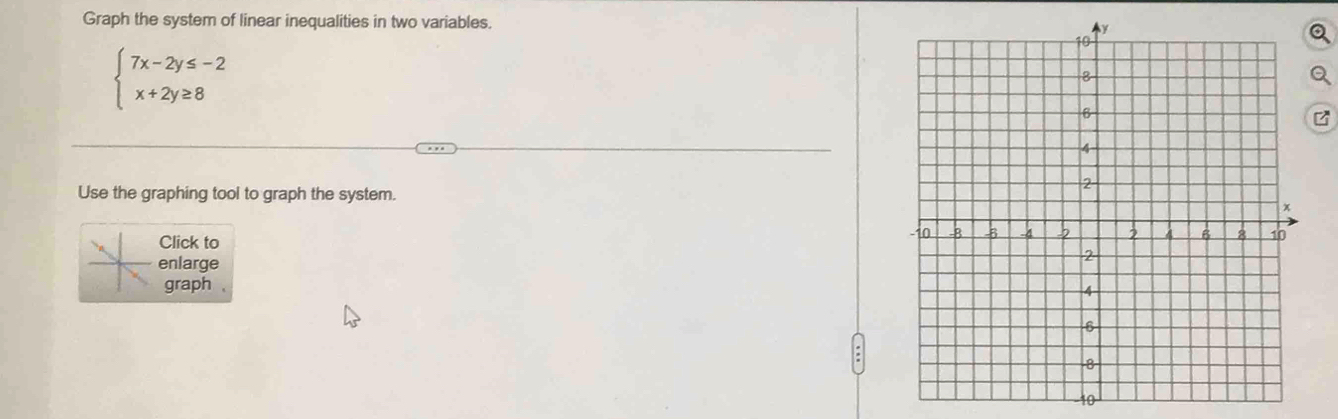 Graph the system of linear inequalities in two variables.
beginarrayl 7x-2y≤ -2 x+2y≥ 8endarray.
Use the graphing tool to graph the system. 
Click to 
enlarge 
graph 
10