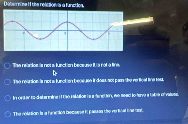 Determine if the relation is a function.
The relation is not a function because it is not a line.
The relation is not a function because it does not pass the vertical line test.
In order to determine if the relation is a function, we need to have a table of values.
The relation is a function because it passes the vertical line test.